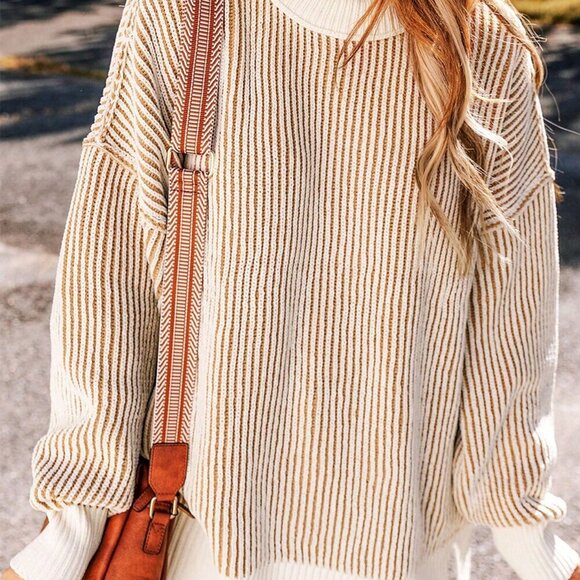 Casual Women's Striped Colorblock Loose Fit Round Neck Pullover Sweater top - Picture 3 of 8